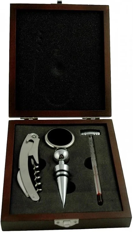 Marke: Motorgeräte Fischer Geschenk für Weinliebhaber: Sommelier Set 4-teilig Fischer-Lahr "Wein", Kellnerbesteck, Kellnermesser, Korkenzieher, Wein-Thermometer, Weinverschluss in Geschenk-Box aus Holz — Wein und Festtafel