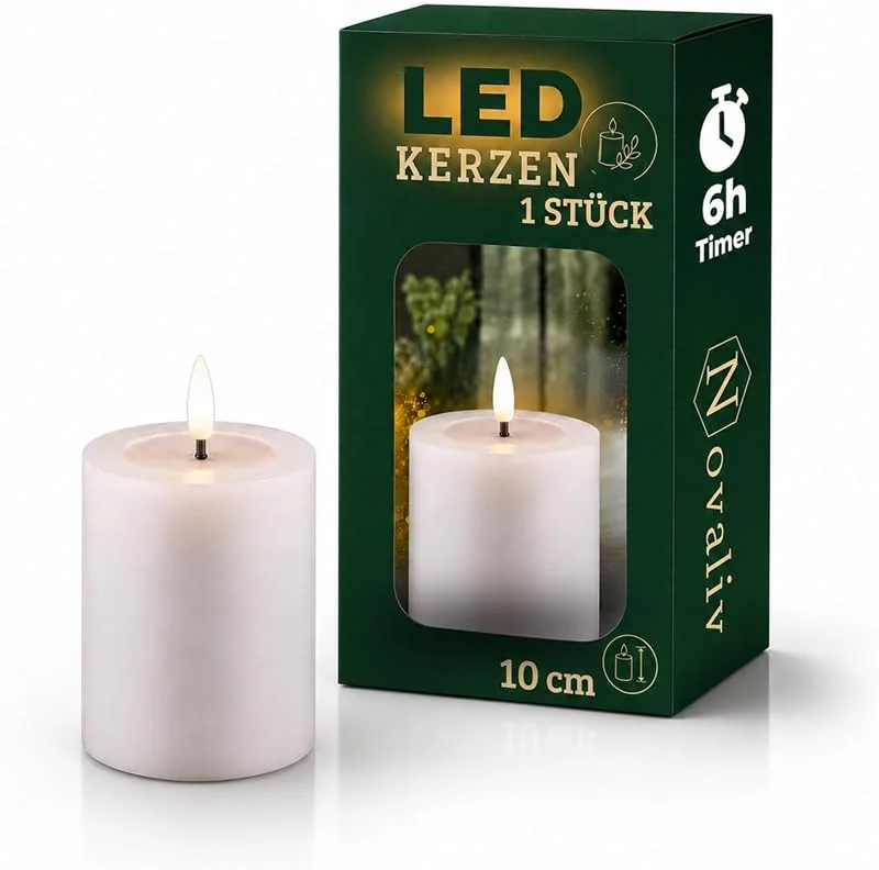 Besuche den Novaliv-Store Kleine LED Stumpenkerze mit Timer weiß 7, 5cm ø, 10cm H, Echtwachspiegel ON, OFF-Timer 6H, 2 AA Batterien nötig LED Echtwachskerze mit Flackereffekt flammenlose Stumpenkerze LED Kerze schmal und klein — Advent und Tisch