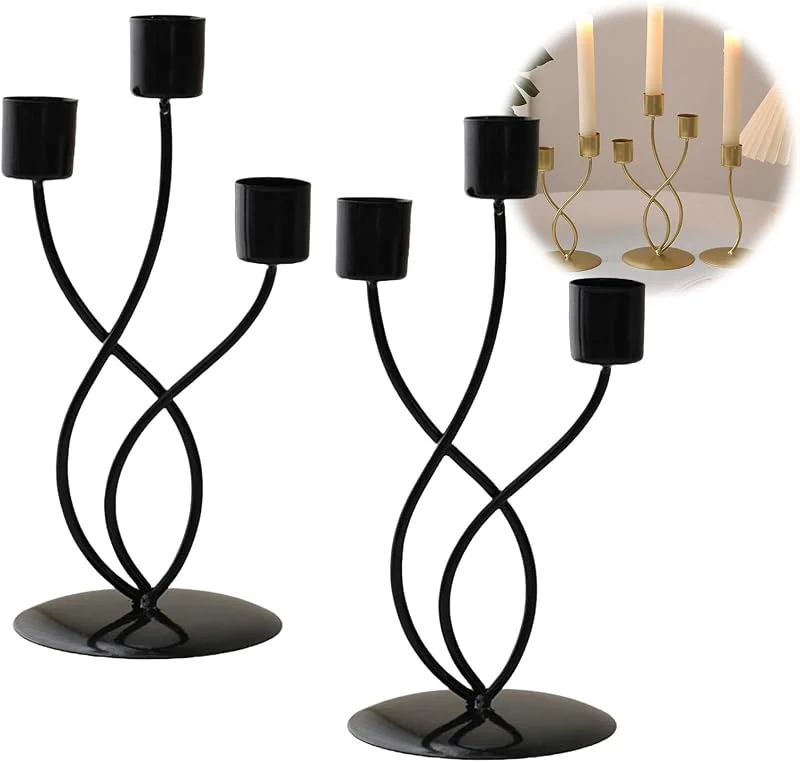 Marke: HSTWODE kerzenständer Gold schwarz, Blumen-Kerzenständer 2er Set, stabkerzenhalter für Hochzeit Räucherkegel Spa Gebet Home Party, Weihnachts Tisch Deko, Adventskranz (Schwarz, 3 Gabeln) — Advent und Tisch