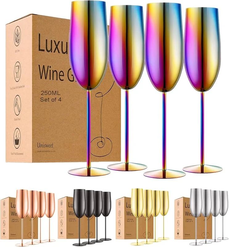 Marke: UNISWEET UNISWEET Edelstahl-Champagnerflöten-Set, Hochzeits- und Geburtstagsgeschenke, 240 ml, unzerbrechliches Champagnerglas mit langem Stiel, wiederverwendbar, für drinnen und draußen, bunt, 4 Stück — Wein und Festtafel