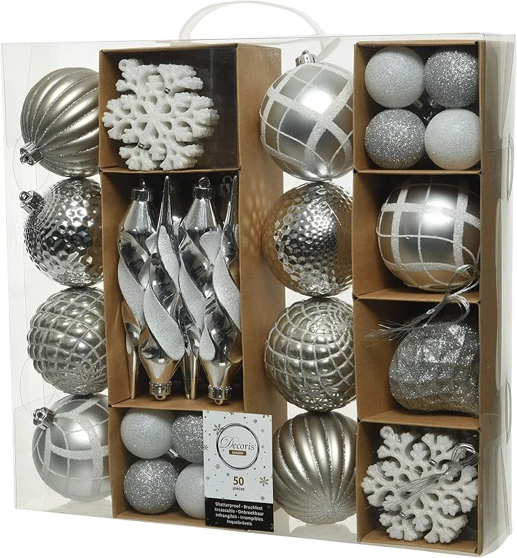 Marke: Decoris Decoris 50er Set bruchfeste Weihnachtskugeln weiß, Silber aus Kunststoff für innen und außen — Weihnachtsdeko