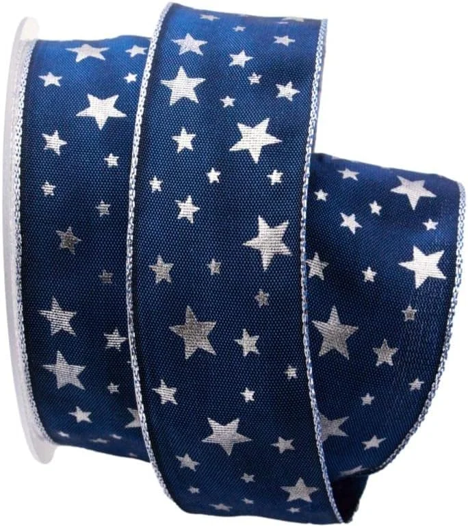 Marke: Christa-Bänder Weihnachtsband Silber-Sterne Blau mit Draht 40mm — Geschenkverpackung