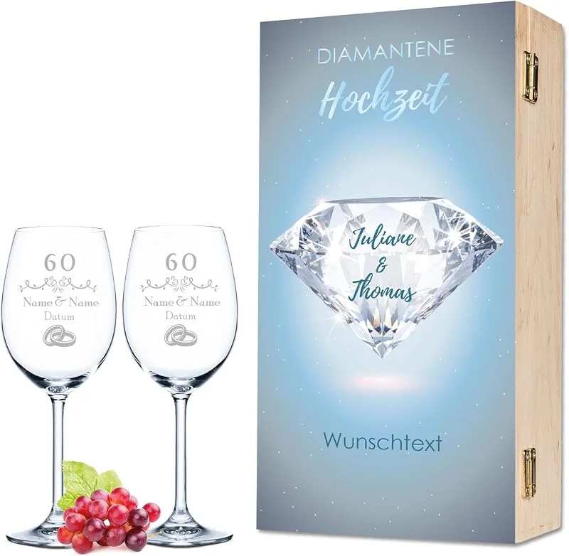 Besuche den GRAVURZEILE-Store GRAVURZEILE Rotweingläser mit Gravur - Diamantene Hochzeit - Holzkiste — Wein und Festtafel