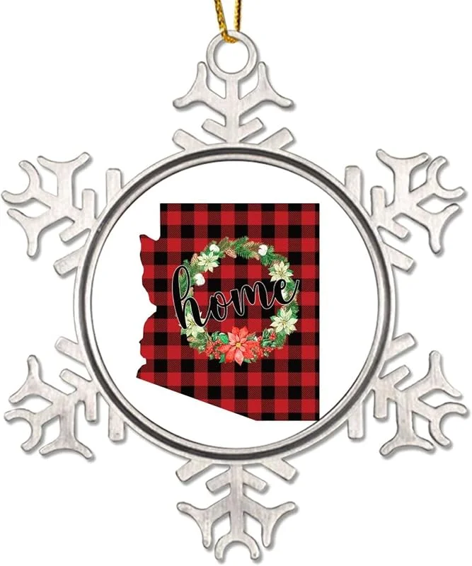 Marke: CowkissSign Weihnachtskranz Arizona States Metall Schneeflocke Xmas Ornaments Home State Rot und Schwarz Plaid Weihnachtsbaum Hängende Ornament Patriotische USA Staat Weihnachtsdekorationen Geschenk