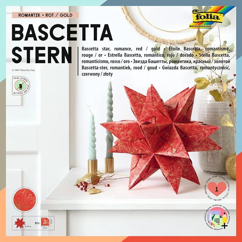 Besuche den folia-Store folia 408, 2020 - Bastelset Bascetta Stern Winterornament rot, gold, 32 Blatt, 20 x 20 cm, fertige Größe des Papiersterns ca. 30 cm, mit ausführlicher Anleitung - ideal zur zeitlosen Dekoration — Weihnachtsdeko