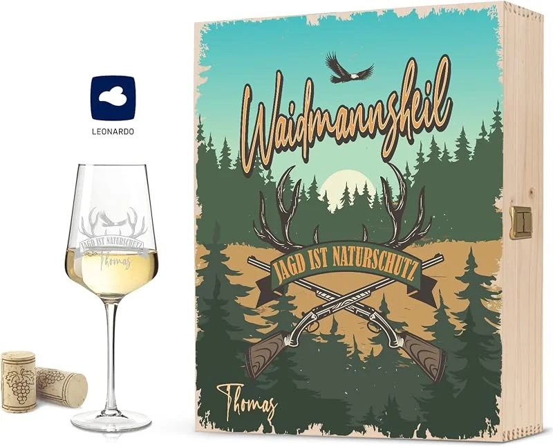 Besuche den GRAVURZEILE-Store GRAVURZEILE Graviertes Weißweinglas - Waidmannsheil Design - Personalisiert mit Name inkl. bedruckter Holzkiste - Geschenk zum Geburtstag für Sie & Ihn — Wein und Festtafel