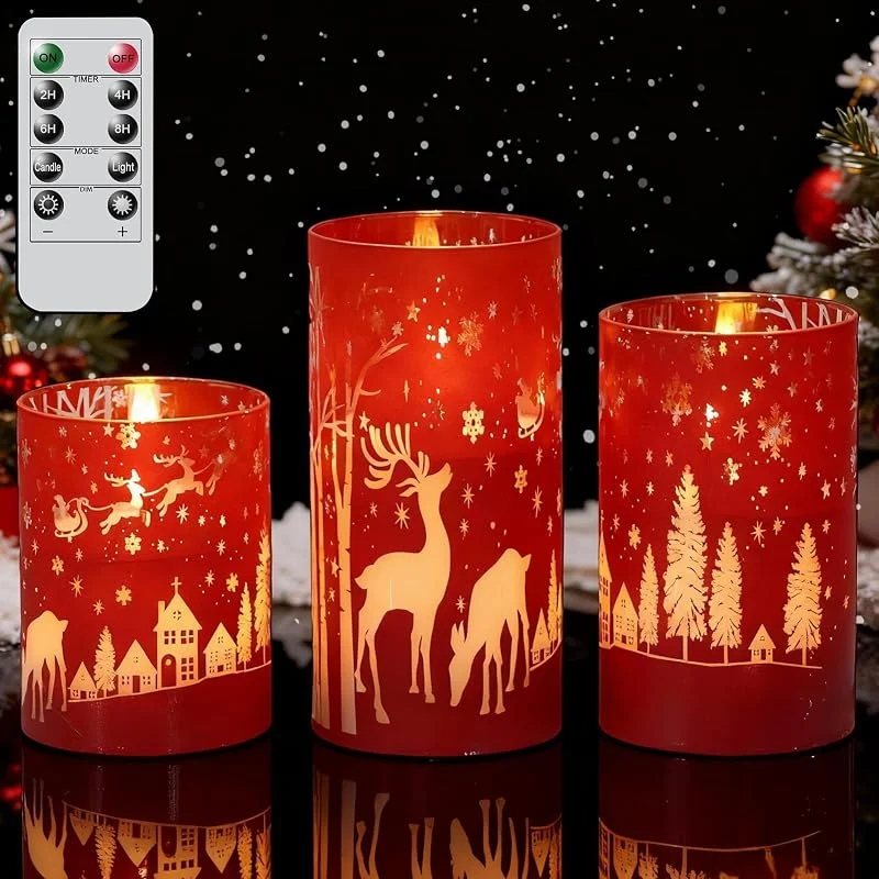 Marke: Wondise Wondise Rote Weihnachten Rentier LED flammenlose Kerzen mit Fernbedienung Timer, galvanisiertes Glas, batteriebetrieben, Echtwachs, flackerndes 3D-Docht, Stumpenkerzen für Weihnachten, Urlaub — Weihnachtsbeleuchtung