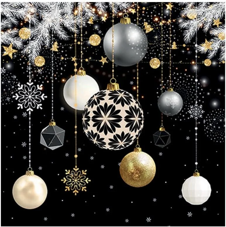 Besuche den Ambiente-Store 20 Servietten Weihnachten Elegante Weihnachtskugeln auf schwarz als Tischdeko. Papierservietten mit Motiv. Auch für Decoupage und Serviettentechnik 33x33cm — Advent und Tisch