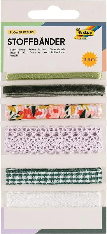Besuche den folia-Store folia 12024 - Stoffbänder-Mix "Flower Fields" mit 6 unterschiedlichen Schleifenbändern in den Farben Grün, Weiß und zartem Lila, Bastelset zum Verzieren und Gestalten — Geschenkverpackung