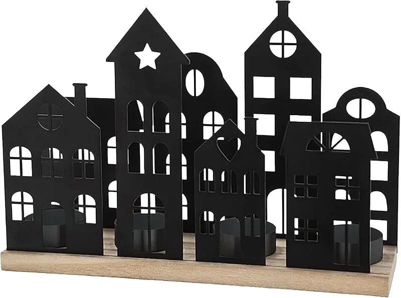 Besuche den Spetebo-Store Metall Teelichthalter Häuserzeile schwarz - 25 x 18 cm - Weihnachtsdorf Silhouette mit Haltern für 4 Teelichter - Weihnachten Tisch Deko Kerzenhalter für Teelichter Weihnachtsstadt Skyline — Advent und Tisch