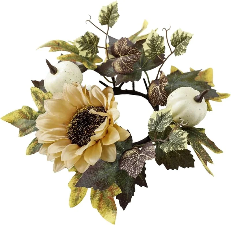 Marke: Generic Dekorative Kerzenringe für mit Ahornblättern -Herbstkürbisse Ahornblätterkranz -Kerzenringhalter Erntedankfest (Beige, 7.5cm) — Kerzenlicht Abendessen