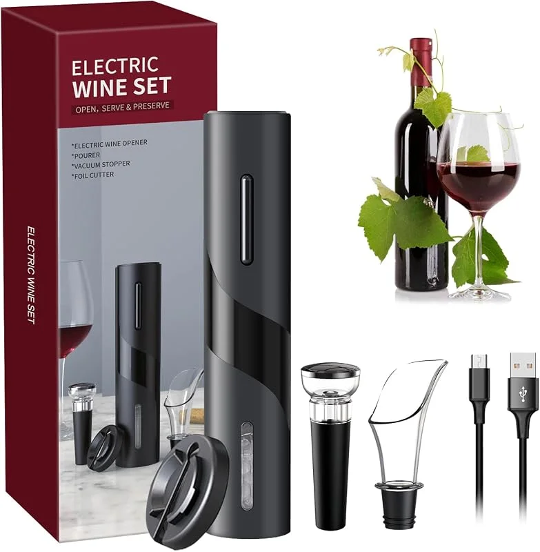 Marke: EBUYFIRE Elektrisches Weinflaschenöffner-Kit, Kabelloser Elektrischer Korkenzieher, Automatische Weinöffner Flaschenöffner mit Folienschneider, Vakuumstopfen und Weinausgießer für Familien, Partys (Schwarz) — Wein und Festtafel