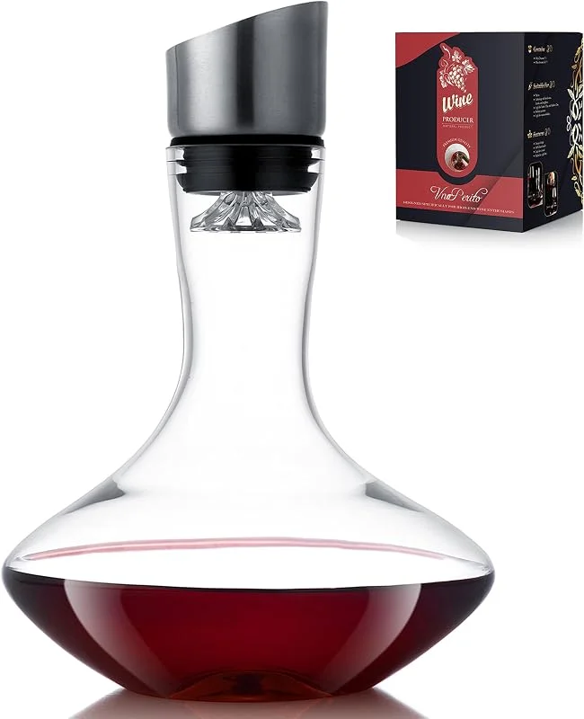 Marke: VnoPerito Weinkaraffe, Rotweinkaraffe, Dekanter mit integriertem Belüfter, 100 % mundgeblasenes, bleifreies Kristallglas mit Edelstahl-Ausgießer, Filter, Weingeschenke für Männer — Wein und Festtafel