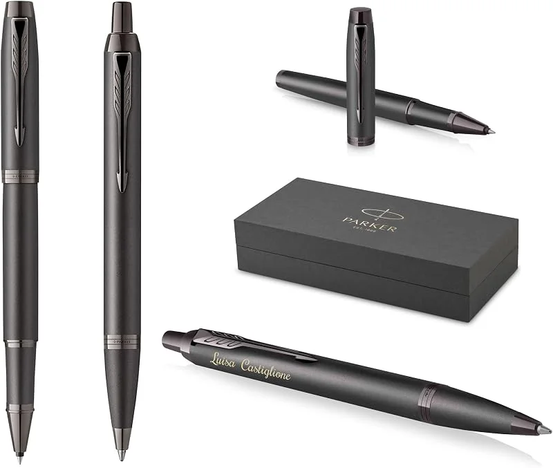 PARKER Schreibset IM Professionals Monochrome Kugelschreiber und Tintenroller mit Gravur, Premium Stift, Geschenkbox, personalisiert, graviert, Jahrestag, Geburtstag (Bronze) — Geschenkverpackung