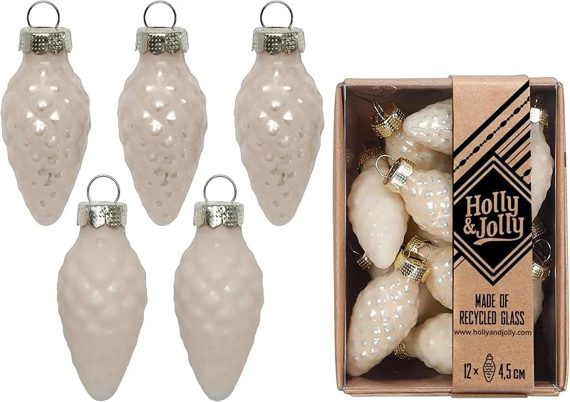 Marke: Holly & Jolly Christbaumschmuck Zapfen 4, 5cm Glas 12 Stück - Precious Ivory — Weihnachtsdeko