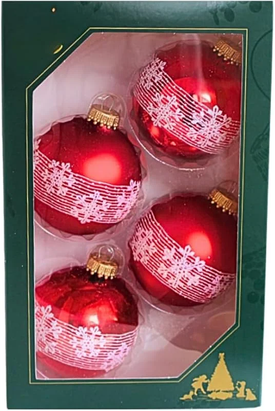 Besuche den Dekohelden24-Store Dekohelden24 Lauschaer Christbaumschmuck - 4er Set Kugeln, Christbaumkugeln Lauscha, Glaskugeln, Weihnachtsbaumkugeln im Schneekristalldesign in Rot, aus Lauscha 7 cm, mit goldenem Krönchen. — Weihnachtsdeko