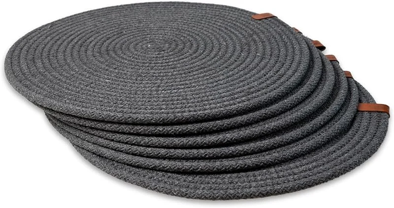 Besuche den ARYEKA-Store Runde Tischsets, 6er-Set, 32cm, handgefertigt aus geflochtener Baumwollkordel, beidseitig nutzbar, hitzebeständig, Dunkelgrau — Küche & Haushalt