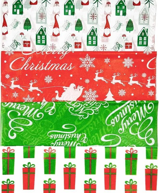 Marke: Fassory Fassory Weihnachts-Seidenpapier, 60 große Blätter (70 cm x 50 cm) zum Verpacken von Geschenken, inkl. 20 Weihnachtsaufkleber, grün und rot, Weihnachts-Seidenpapier in 4 Mustern (grün und rot) — Geschenkverpackung
