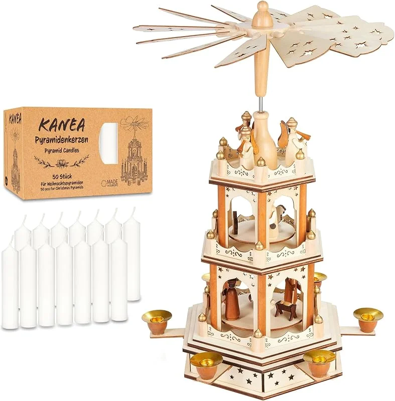 Besuche den BRUBAKER-Store BRUBAKER Weihnachtspyramide inkl. 50er Pack Pyramidenkerzen Weiß - Holzpyramide mit 3 Etagen & Holz Figuren Handbemalt - 45 cm Pyramide Weihnachten - Drehbare Tischpyramide - Natur — Weihnachtsdeko
