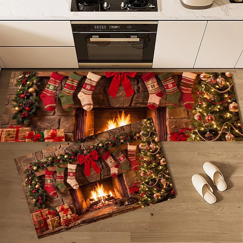 Marke: JEDTAKCT Kamin Im Landhausstil rutschfeste Küchenteppich Set 2 Stück, Grünbraun Anti Ermüdungs Läuferteppiche, Vintage-Weihnachtsstrümpfe Kränze Waschbare Fußmatten Für Küche Wäscheraum 40X60+40X120 — Küche & Haushalt