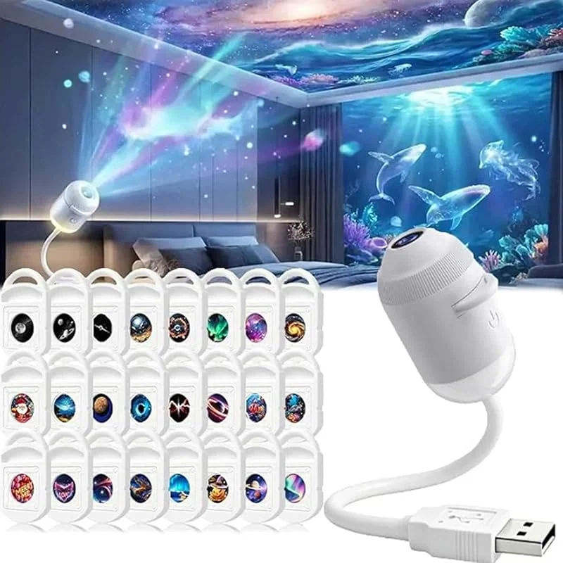 Marke: Generisch 2-in-1 USB-Galaxie-Sternprojektorlampe, 5D-dynamisches holografisches Nachtlicht, 360 Grad verstellbarer Schwanenhals, 3, 6, 12, 24 austauschbare Rutschen für Schlafzimmer, Kinder, Innendekoration — Kerzenlicht Abendessen