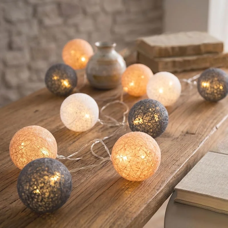 Besuche den levandeo-Store levandeo 10er Lichterkette LED Kugeln Lampions Baumwolle Braun Grau Weiß Cotton Girlande Deko Cottonballs — Weihnachtsbeleuchtung