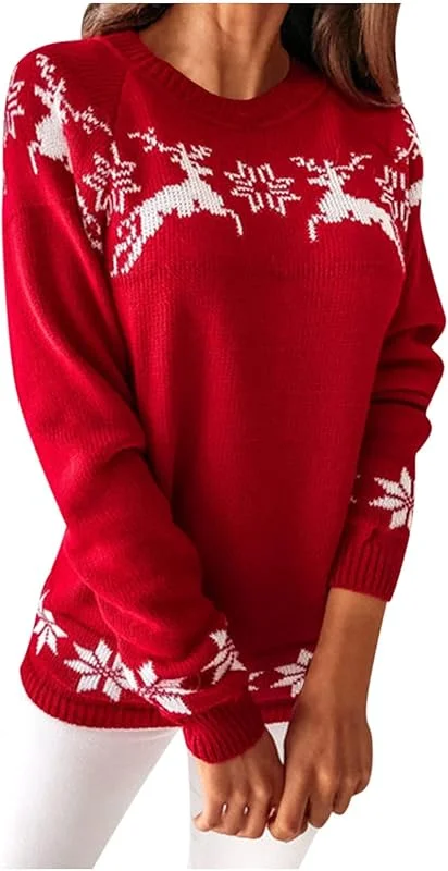 Marke: Generisch Weihnachtspullover Damen, Norweger Pullover Damen Langarm Colorblock Rundhals Lustig Strickpullover Warme Christmas Sweater Slim Fit Weihnachtspulli Elegant Gestreift Weihnachten Pullis S-XXL — Weihnachtsmode