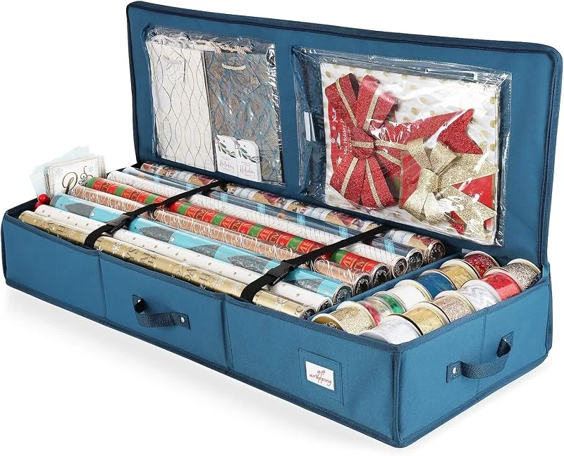 Marke: Hearth & Harbor Hearth & Harbor Luxus Weihnachten Organizer Geschenkpapier Rollen Bettbehälter Aufbewahrungsbox für Urlaub Zubehör 600D Oxford Polyester Gewebe Medium stahlblau — Geschenkverpackung