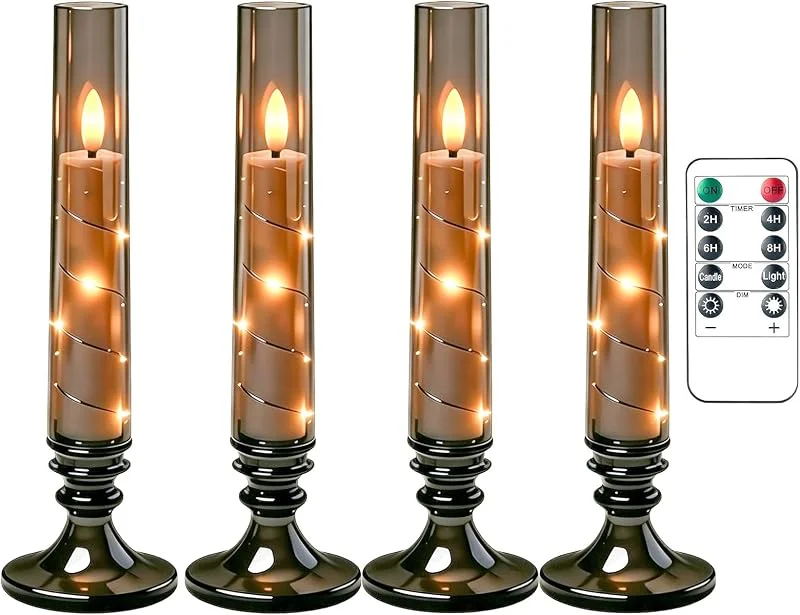 Marke: WORLUDE 4 Stück Schwarze Flammenlose Stabkerzen, 26cm LED Flackernde Kerzen mit Fernbedienung und Timer, Batteriebetrieben mit Lichterkette＆Sockel, Dekoratives Stimmungslicht für Festivals Bankette Hochzeiten — Kerzenlicht Abendessen