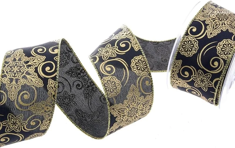 Marke: Deko AS GmbH Dekoband Sterne Weihnachten Geschenkband Ornamentband festlich mit Drahtkante - 50mm Länge 10m Breite - 93133-50 (Schwarz-Gold) — Geschenkverpackung