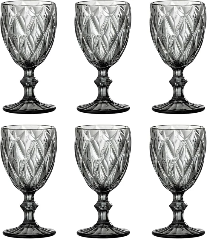 Besuche den GMMH-Store Vintage 6er-Set Farbige Weingläser und Trinkgläser mit Diamant Muster (Rombus) Longdrinkgläser, Cocktail Gläser mit Prägung, Glas, Trinkglas, Weinglas, Wasserglas, Glaskelche (Grau Weinglas) — Wein und Festtafel