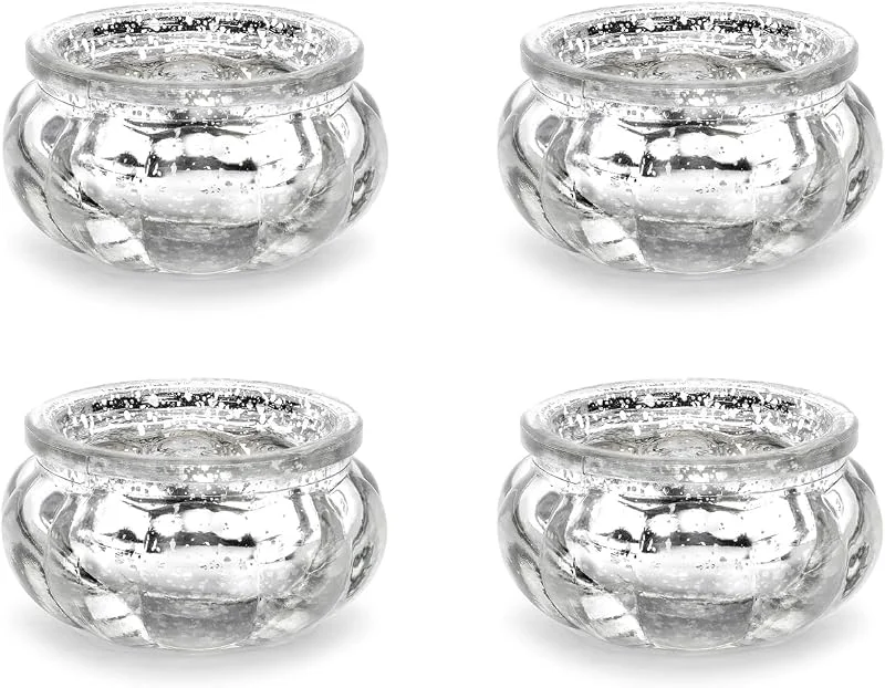 Besuche den PartyDeco-Store Teelichtgläser 6x3cm Kerzenhalter Windlicht Kerzenglas 4er Set Hochzeit Weihnachten Tischdeko Silber, Vintage Teelichhalter aus Glas in schick-rustikaler Optik 4 Stück — Advent und Tisch