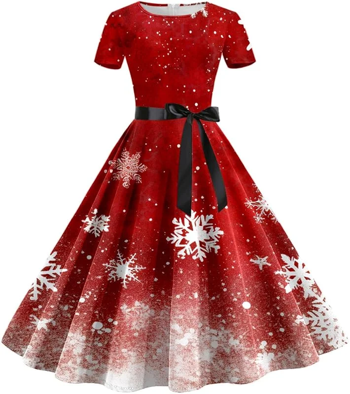 Marke: pvucpot Damen Weihnachten Kleider Kurzarm Weihnachtskleid Vintage Hepburn Cocktailkleid Langarm Weihnachten Druck Partykleid A-Linie Swing Kleid Dress Slim Fit Faltenrock Partykleid — Weihnachtsmode