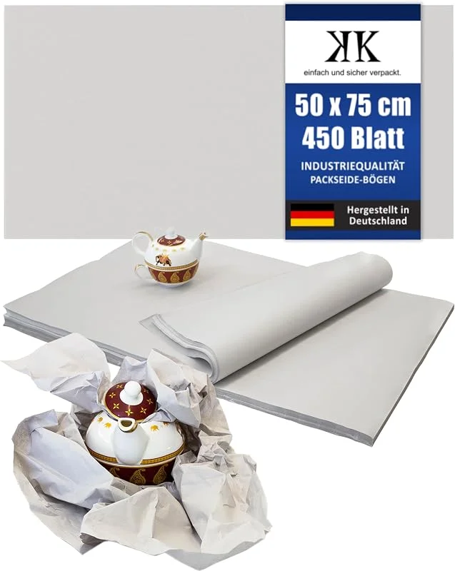 Besuche den KK Verpackungen-Store KK Verpackungen Packseide, 5 kg, 50 x 75 cm Packpapier in Grau, 450 Bögen Seidenpapier in 30 g, m² Industriequalität — Geschenkverpackung