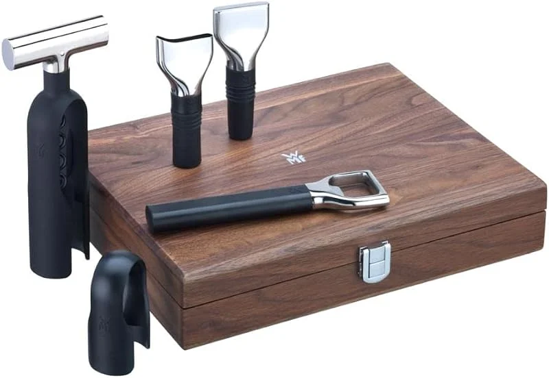 WMF Group GmbH WMF Baric Wein Sommelier Set 5-teilig, Wein Zubehör, Korkenzieher, Folienschneider, Flaschenverschluss, Weinausgießer, Flaschenöffner, in Walnussholzbox, schwarz — Wein und Festtafel