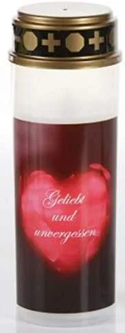 Besuche den Schlaraffenland-Store große LED Grabkerze mit Motiv, 21 cm hoch, Brenndauer von bis zu 200 Tagen, flackerlicht, Grablaterne Wind und Regenfest, Grablampe (Herz, geliebt und unvergessen, weiß) — Kerzenlicht Abendessen