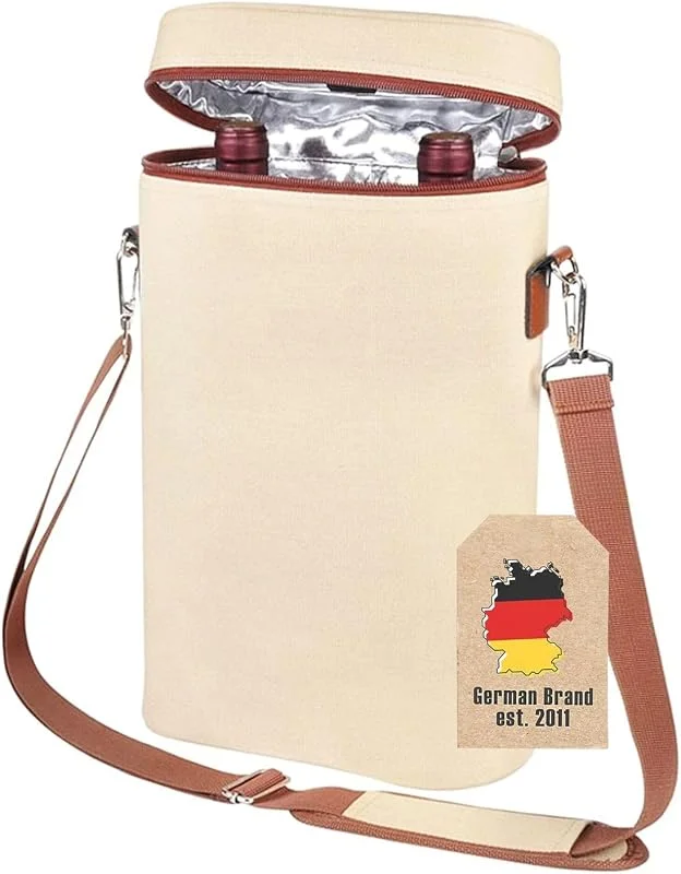 Besuche den INTIRILIFE-Store INTIRILIFE Kühltasche für 2 Flaschen – Getränkekühler Weintasche Champagner Wasser Saft – Isolierte Tragetasche mit Schultergurt & Griff – Picknick Tasche Outdoor Beige-Braun – 21x9.7x35.6 cm — Wein und Festtafel