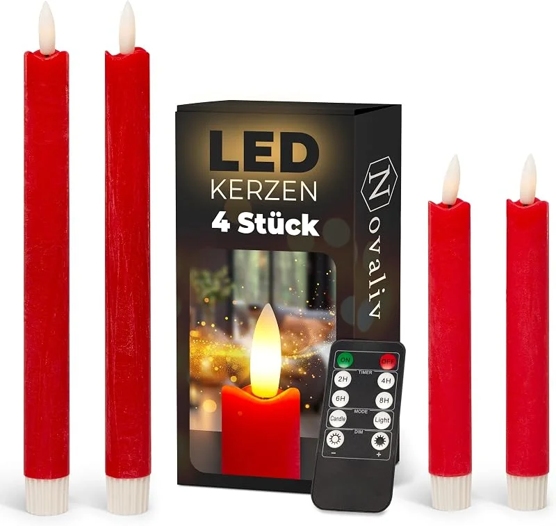 Besuche den Novaliv-Store Sparset Stabkerzen LED mit Timer Klein+Groß ROT 4 Stück ROT indoor - 6 Stunden - ECHTWACHS 18cm+23cm Höhe für Kerzen 2, 2cm Durchmesser 2 AAA Batterien notwendig LED Stabkerzen flackernde Flamme — Kerzenlicht Abendessen