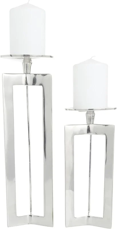 Marke: CosmoLiving by Cosmopolitan CosmoLiving by Cosmopolitan Moderner Aluminium-Kerzenhalter für Stumpenkerzen, dekorativer Kerzenständer für Heimdekoration, Hochzeit, Abendessen, Party, S, 2, 25, 4 cm, 35, 6 cm Höhe, silberfarben — Kerzenlicht Abendessen