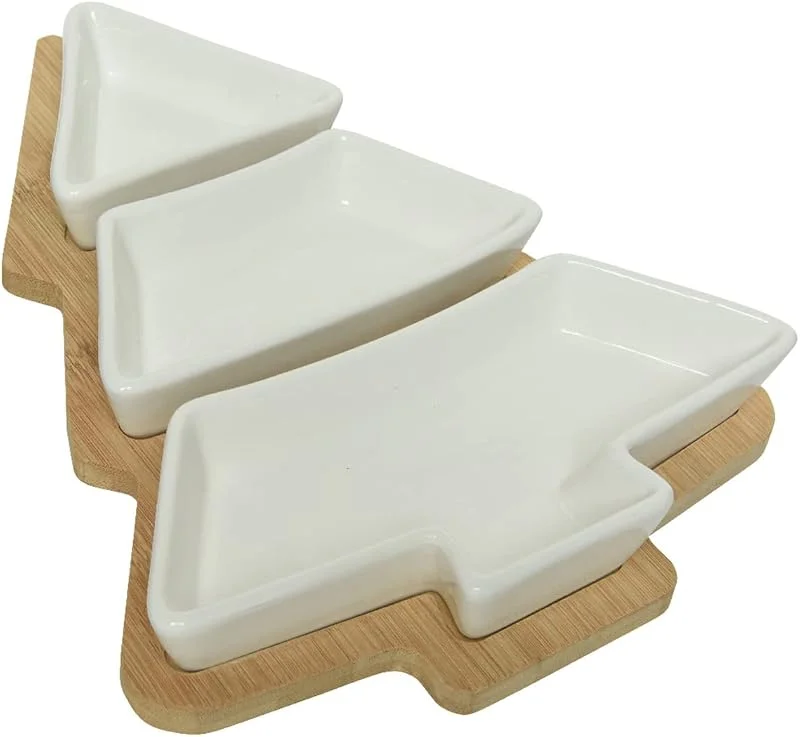 Marke: Kaemingk Kaemingk Tapas Schalen Set aus Keramik mit Holztablett 27x20cm Servierplatte Dip Antipasti Platte natur weiß — Advent und Tisch