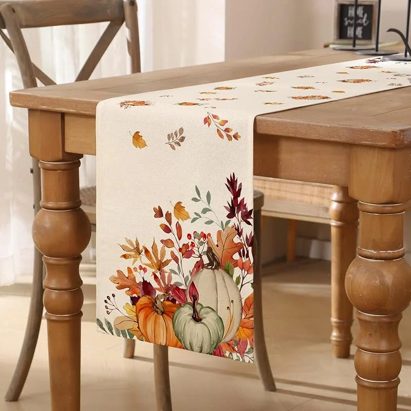 Marke: AwzyGous Tischläufer 40x140 cm Herbst Orange Grün Blätter Kürbisse Ahornblätter Herbstdeko Abwaschbar Table Runner Landhausstil Küche Tischdecke für Esstisch, Innen & Außen, Drinnen Urlaub Party Dekor — Küche & Haushalt