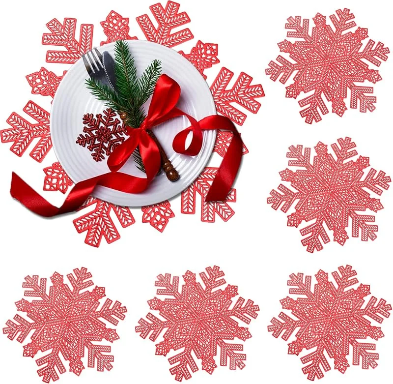 Marke: Rouhuhura 6-Stück Platzsets Schneeflocken-tischset, PVC Weihnachten Platzset Tischmatte Schneeflocke Hohles Tischset für Weihnachten, Geburtstag, Hochzeit Bankett Waschbar Wärmedämmung Platz-Matten (Round-Rot) — Advent und Tisch