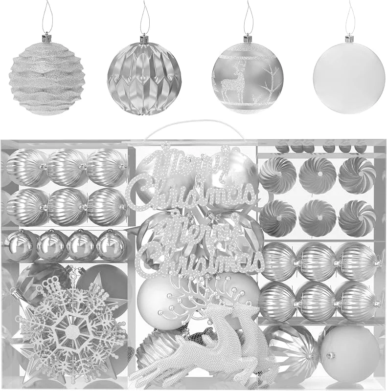 Marke: Suusolny Dekoratives Hängekugel Set - 108er Weihnachtskugeln in Silber, Christbaumkugel aus Kunststoff für Weihnachtsdeko und Adventskalender Schmuck