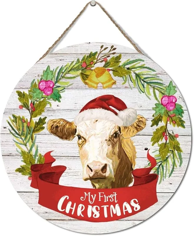 Marke: Wodevor Personalisiertes Türschild, Bauernhaus, Weihnachtsdekoration, Hängeschild, 30, 5 x 30, 5 cm, Weihnachtskranz, Tier, Kuh, My First Christmas, Holzschild, rustikales Holzschild, dekoratives Holzschild