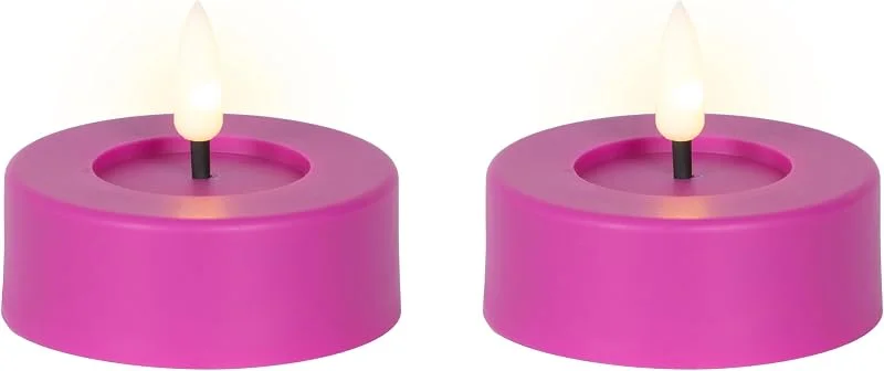 Marke: Lumineo LED Teelichter mit Timer 6, 5x5cm Plastik 2 Stück - Indoor & Outdoor - Kerzen mit 6 Stunden Timerfunktion - batteriebetrieben - Flammenlose Kerzen als Tischkerzen Dekokerzen Teelicht - Lila Warmweiß — Kerzenlicht Abendessen