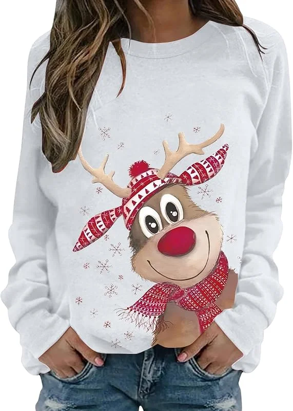 Marke: Nuoke Weihnachtspullover Damen Lustige Weihnachten Ugly Christmas Sweatshirt Baumwolle Pulli Rundhals Hirschkopf Muster Herbst Winter Sweater — Weihnachtsmode