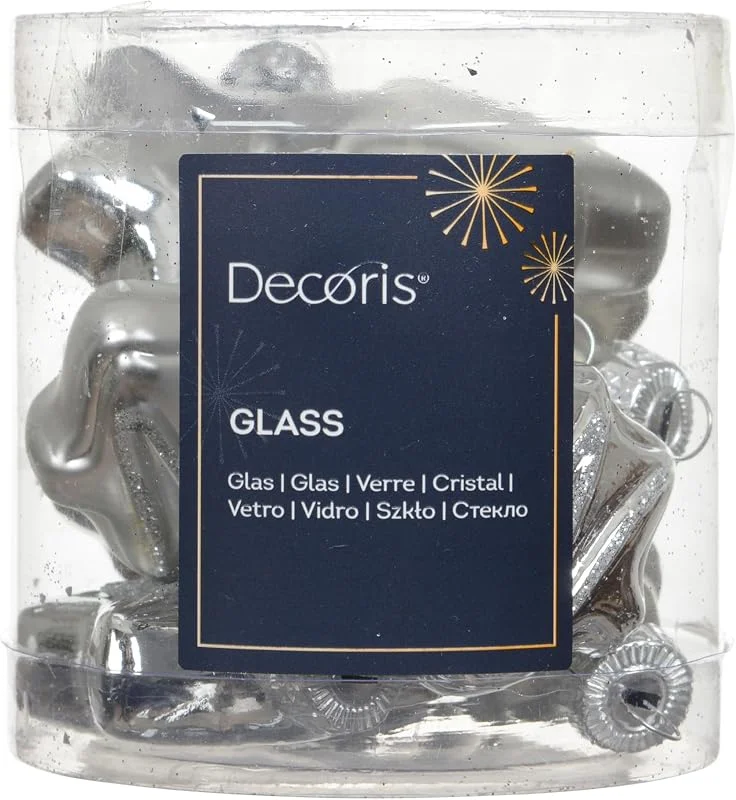 Marke: Decoris Christbaumschmuck Figuren Mix 5cm Glas 8er Set - matt & glänzend mit Ornament - Sterne & Tannenbaum - Christbaumkugeln Weihnachtskugeln Weihnachten - Weihnachtsbaumschmuck - Silber — Weihnachtsdeko