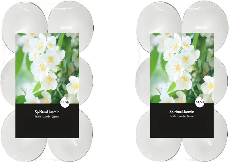 Besuche den MichaelNoll-Store Teelichter Duft 2x12 Stück (24 Teelichter) - Brenndauer: 4, 5 Std., Rußfrei - für Windlicht, Teelicht-Glas, Kerzenständer - Weihnachten, Geschenk, Deko, Gastro (Weiß - Duft: Jasmin) — Kerzenlicht Abendessen