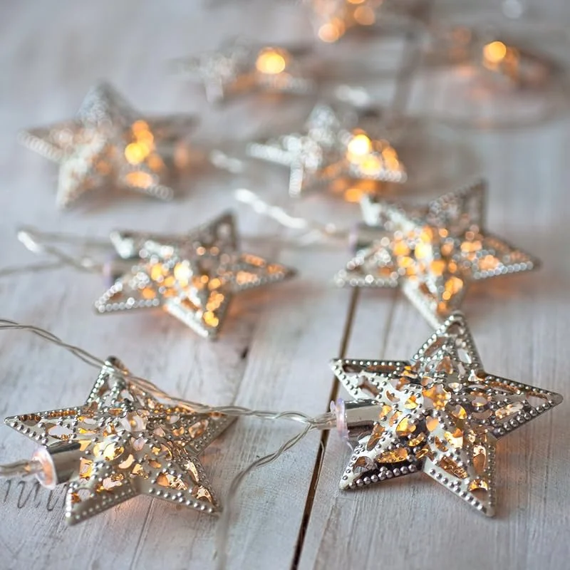 Besuche den Lights4fun-Store Lights4fun 10er LED Lichterkette Stern silber batteriebetrieben — Weihnachtsbeleuchtung