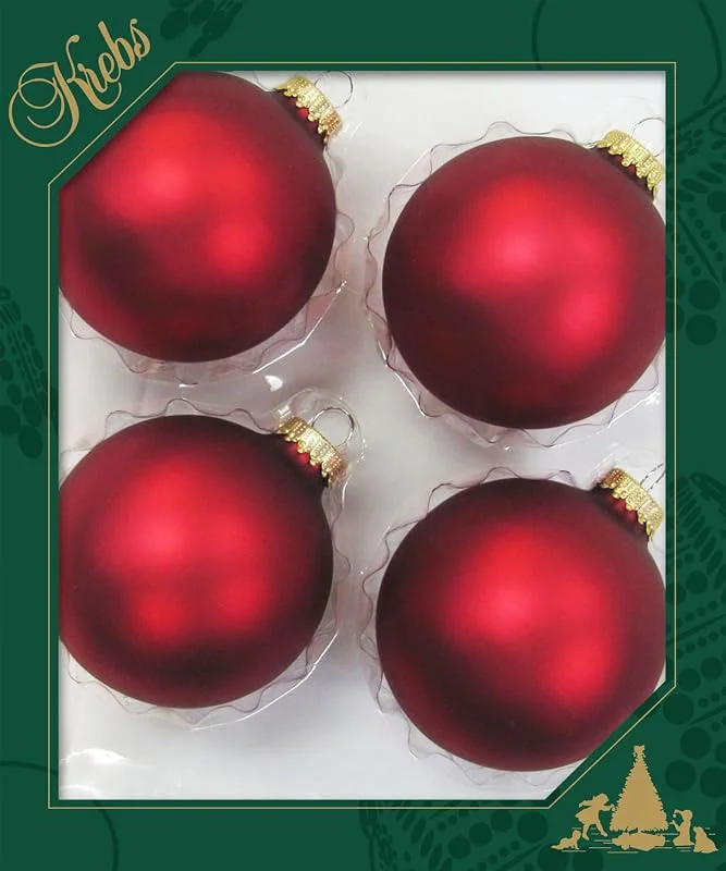 Besuche den Dekohelden24-Store Dekohelden24 Lauschaer Christbaumschmuck - Baumkugeln rot, Tannenbaumkugeln, 4er Set Kugeln Lauscha Uni matt Satin rot, 8 cm, mit goldenem Krönchen + 50 Schnellaufhänger in Gold. — Weihnachtsdeko